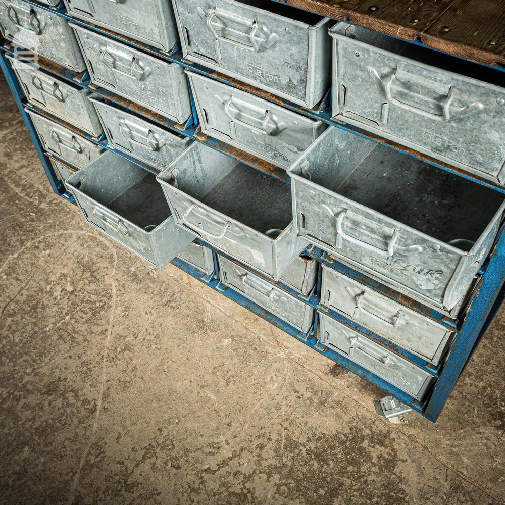 Blue Steel Industrial Workshop Trolley with Bank of 20 Metal Tote Pan Drawers