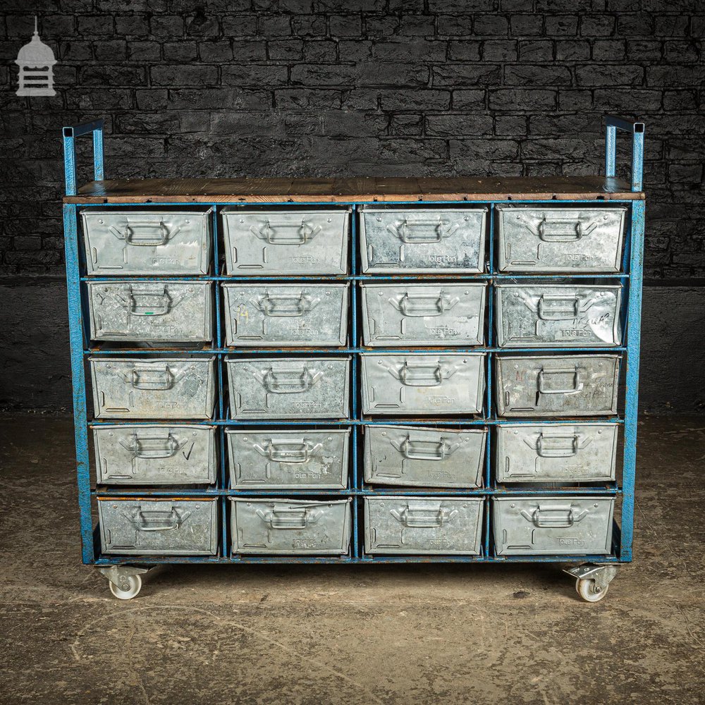 Blue Steel Industrial Workshop Trolley with Bank of 20 Metal Tote Pan Drawers