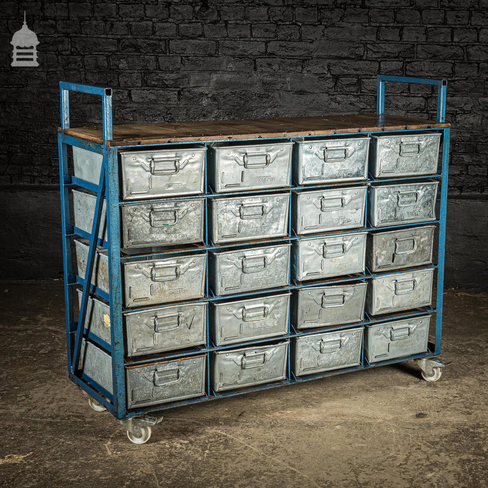 Blue Steel Industrial Workshop Trolley with Bank of 20 Metal Tote Pan Drawers