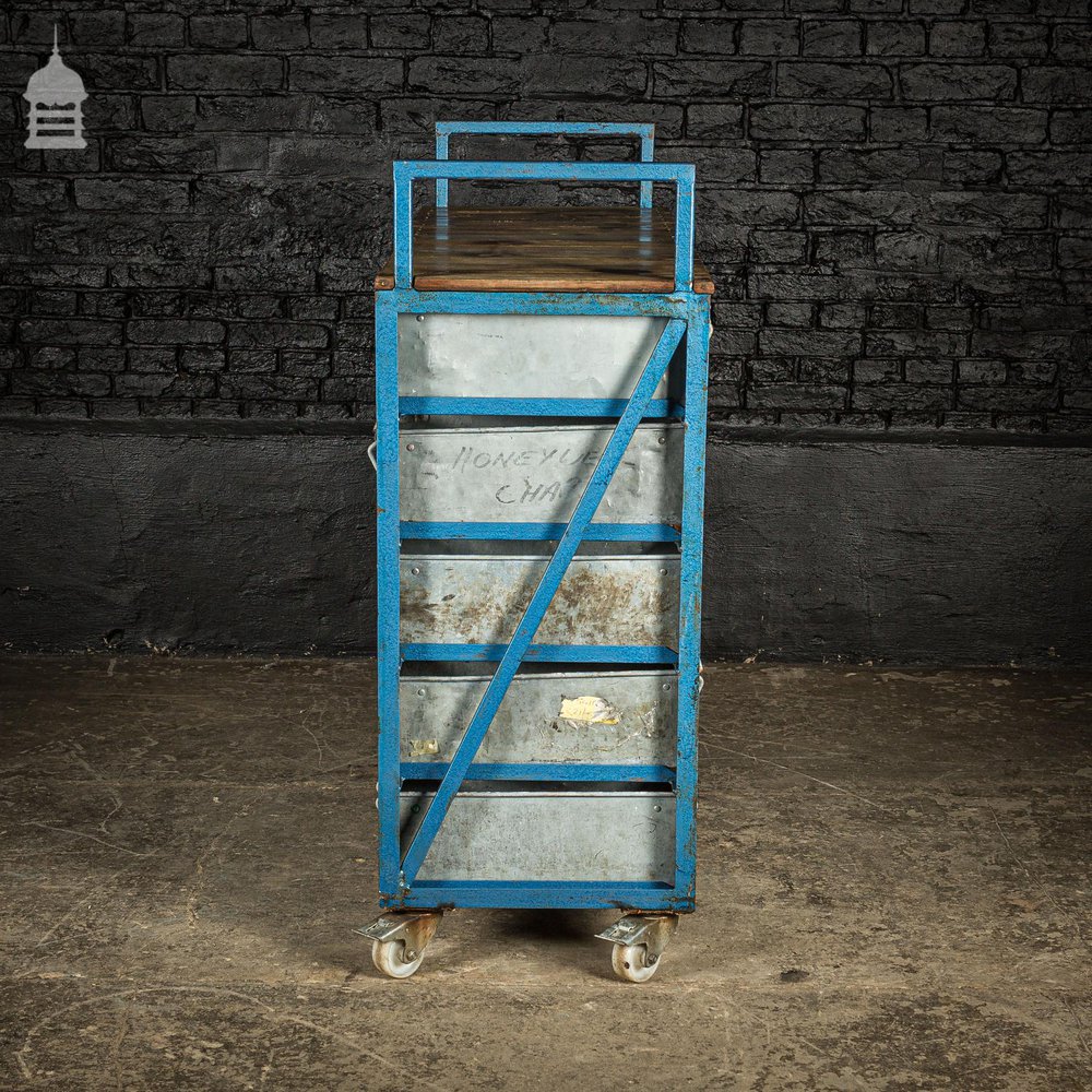 Blue Steel Industrial Workshop Trolley with Bank of 20 Metal Tote Pan Drawers