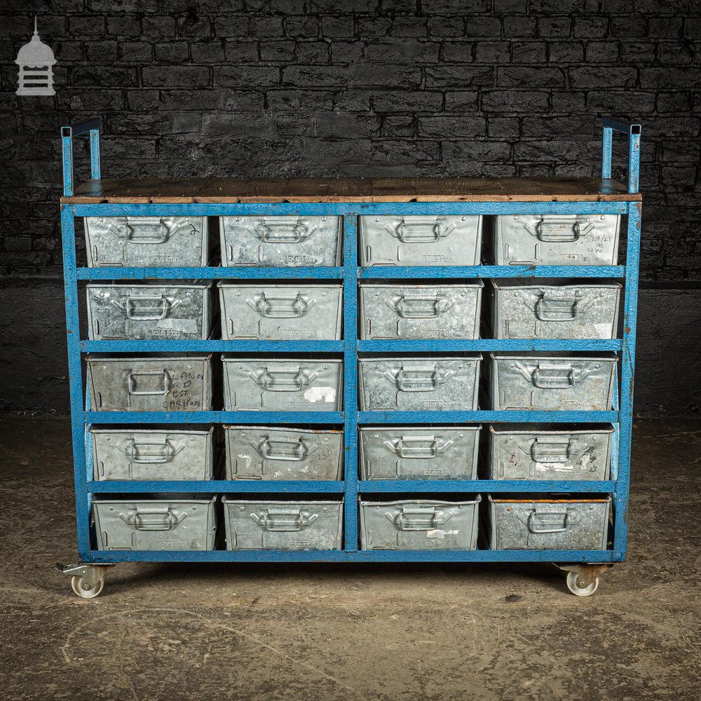 Blue Steel Industrial Workshop Trolley with Bank of 20 Metal Tote Pan Drawers