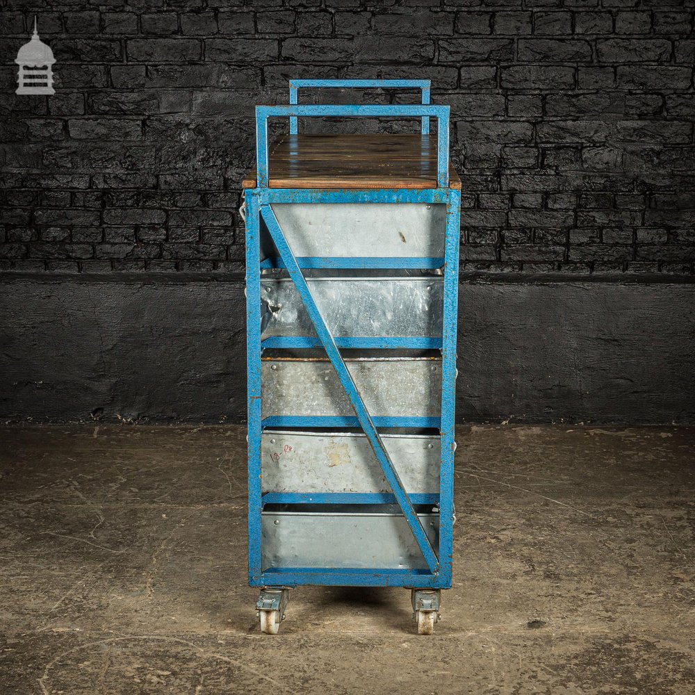 Blue Steel Industrial Workshop Trolley with Bank of 20 Metal Tote Pan Drawers