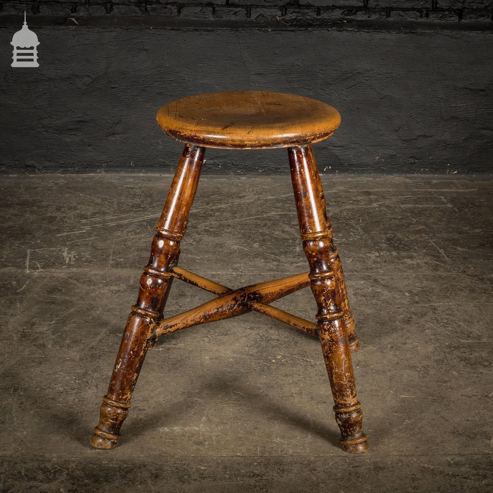 18th C Stool with a Circular Sycamore Top on Turned Elm Legs