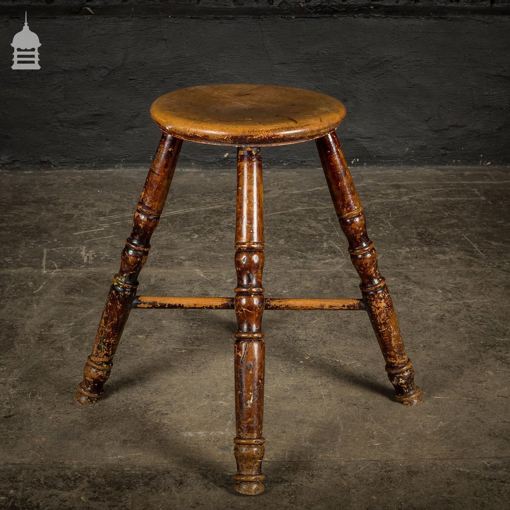 18th C Stool with a Circular Sycamore Top on Turned Elm Legs
