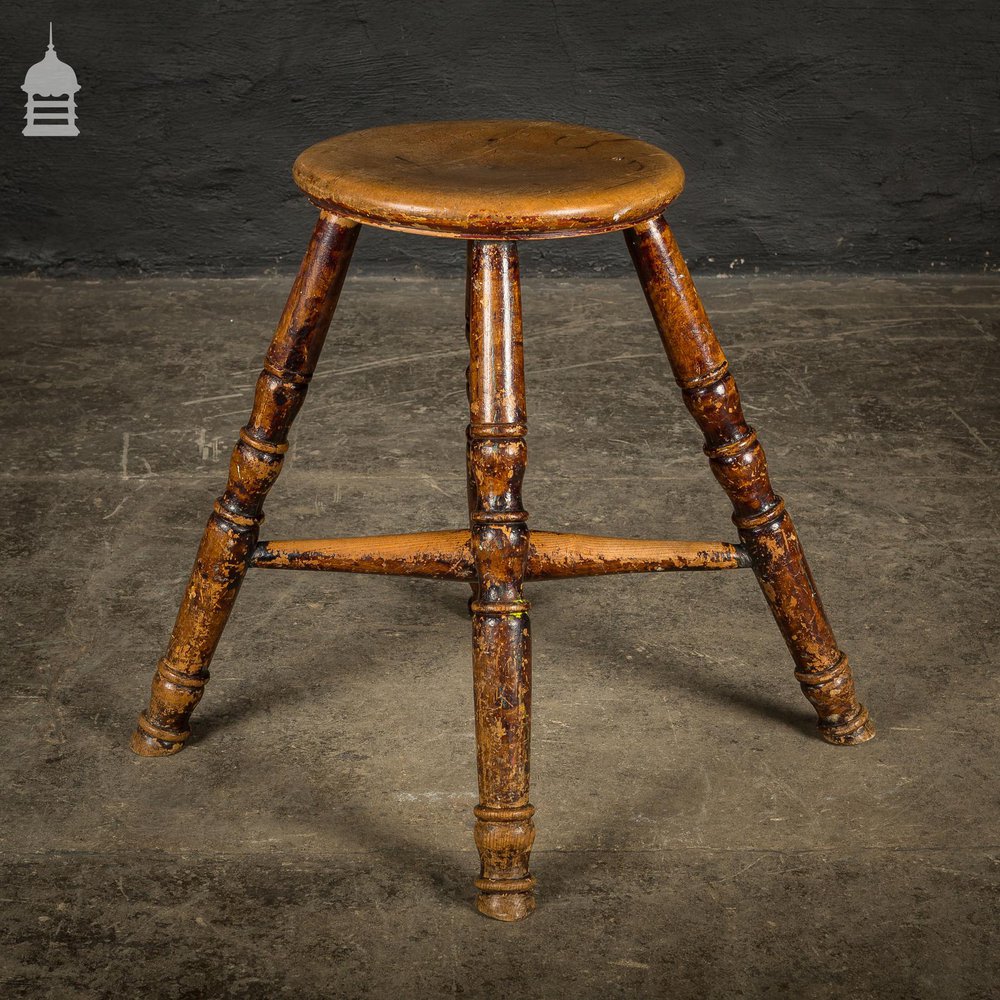 18th C Stool with a Circular Sycamore Top on Turned Elm Legs