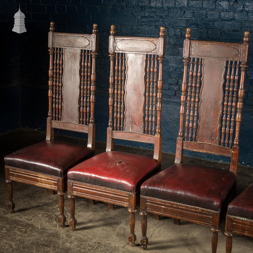 NR54821: Set of 6 19th C French Tall Back Dining Chairs with Worn Leather Seat Pads