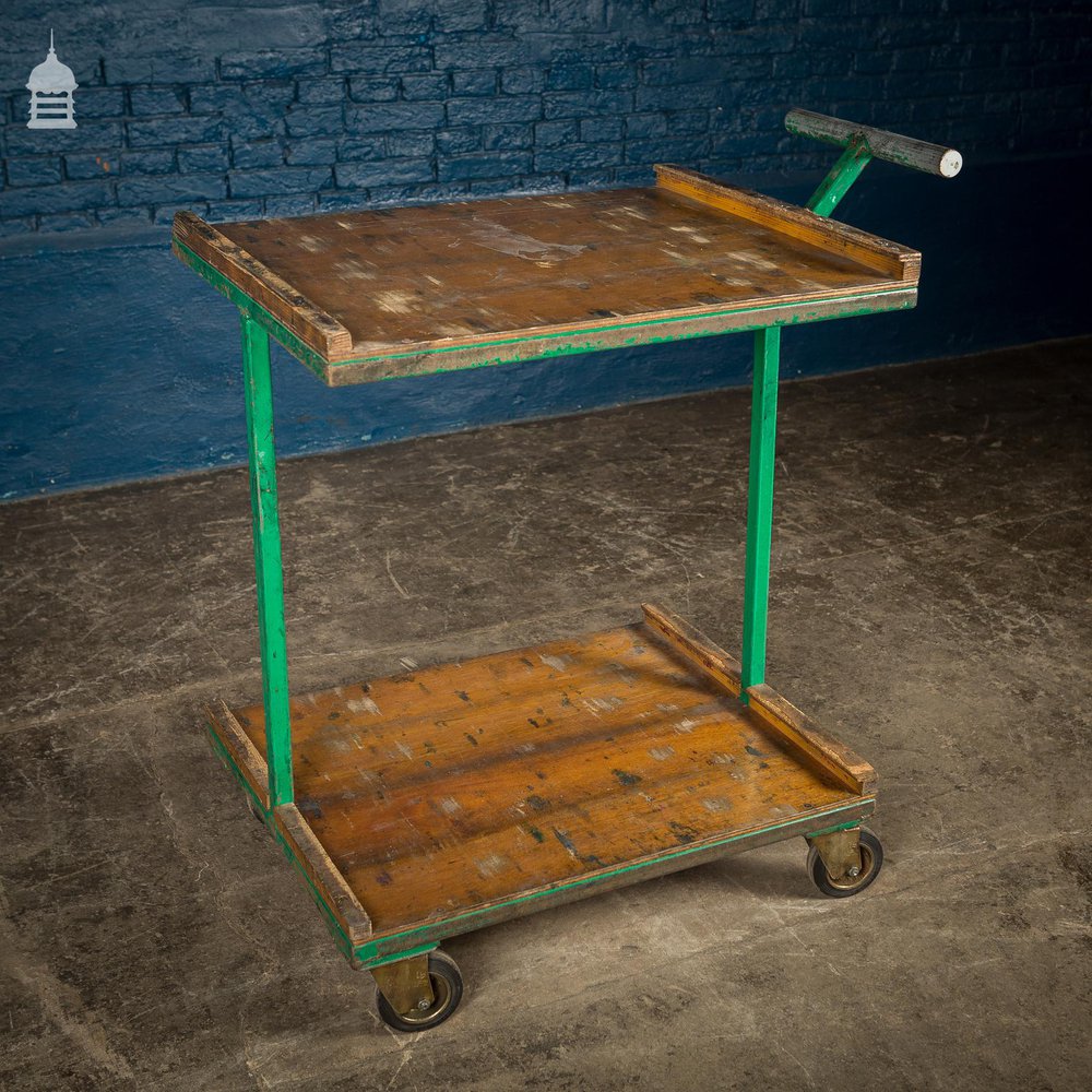 NR21121: Green Vintage Industrial Wheeled Trolley