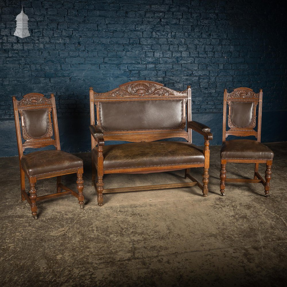 NR59221: Late 19th C Double Oak Frame Sofa Set and Two Singles