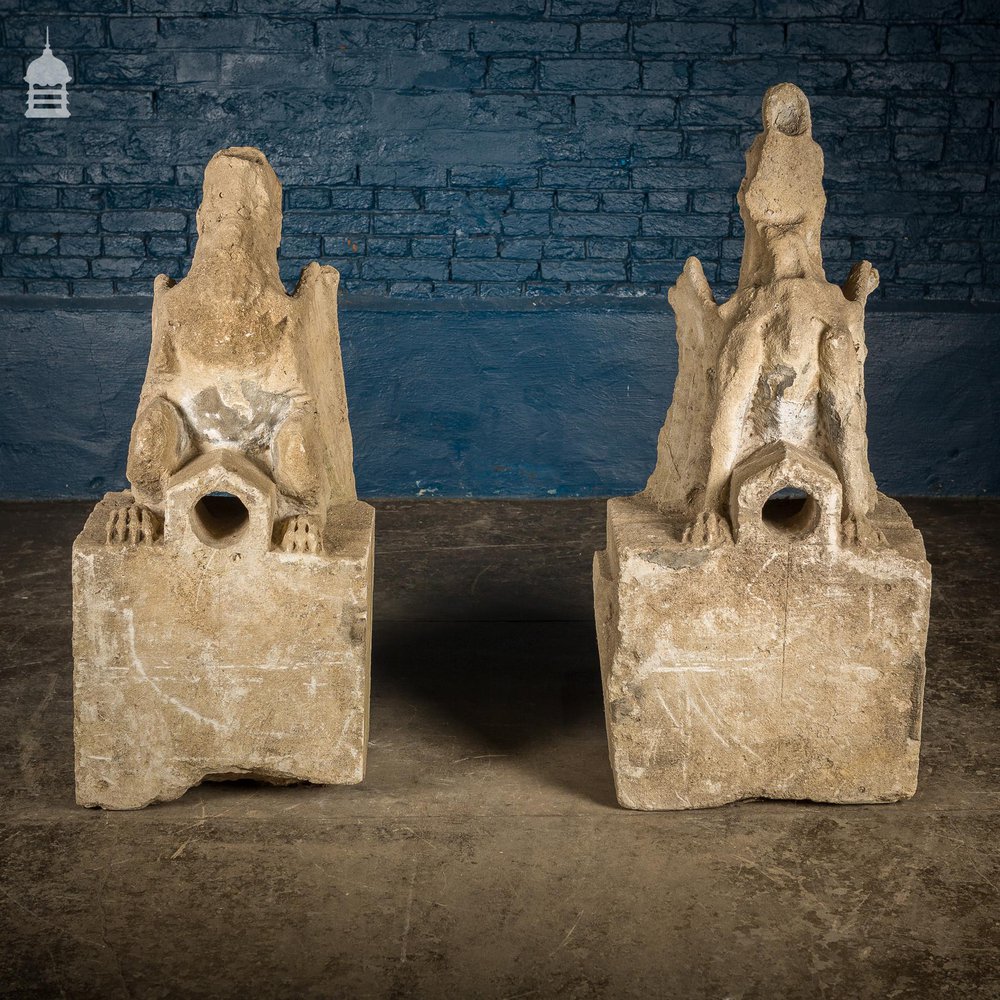 NR23121: Pair of Medieval Dragon Gargoyle Carved Cotswold Stone Rain Head Water Spouts