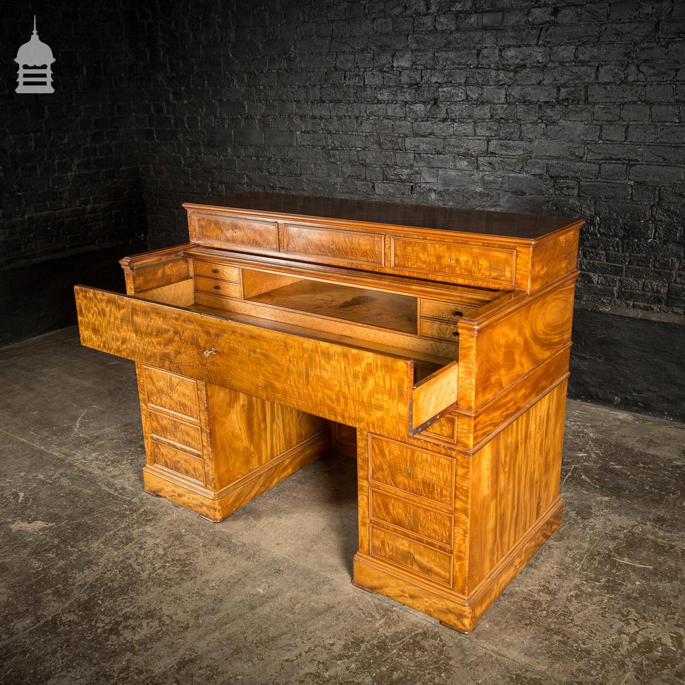 Early 19th C Maple Pedestal Bureau Desk with Internal Birds Eye Maple and Leather Writing Surface