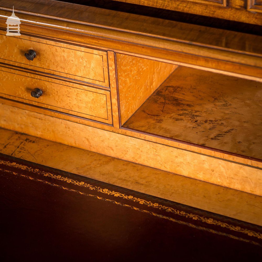 Early 19th C Maple Pedestal Bureau Desk with Internal Birds Eye Maple and Leather Writing Surface