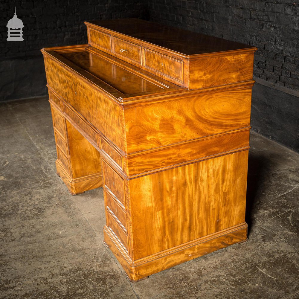 Early 19th C Maple Pedestal Bureau Desk with Internal Birds Eye Maple and Leather Writing Surface