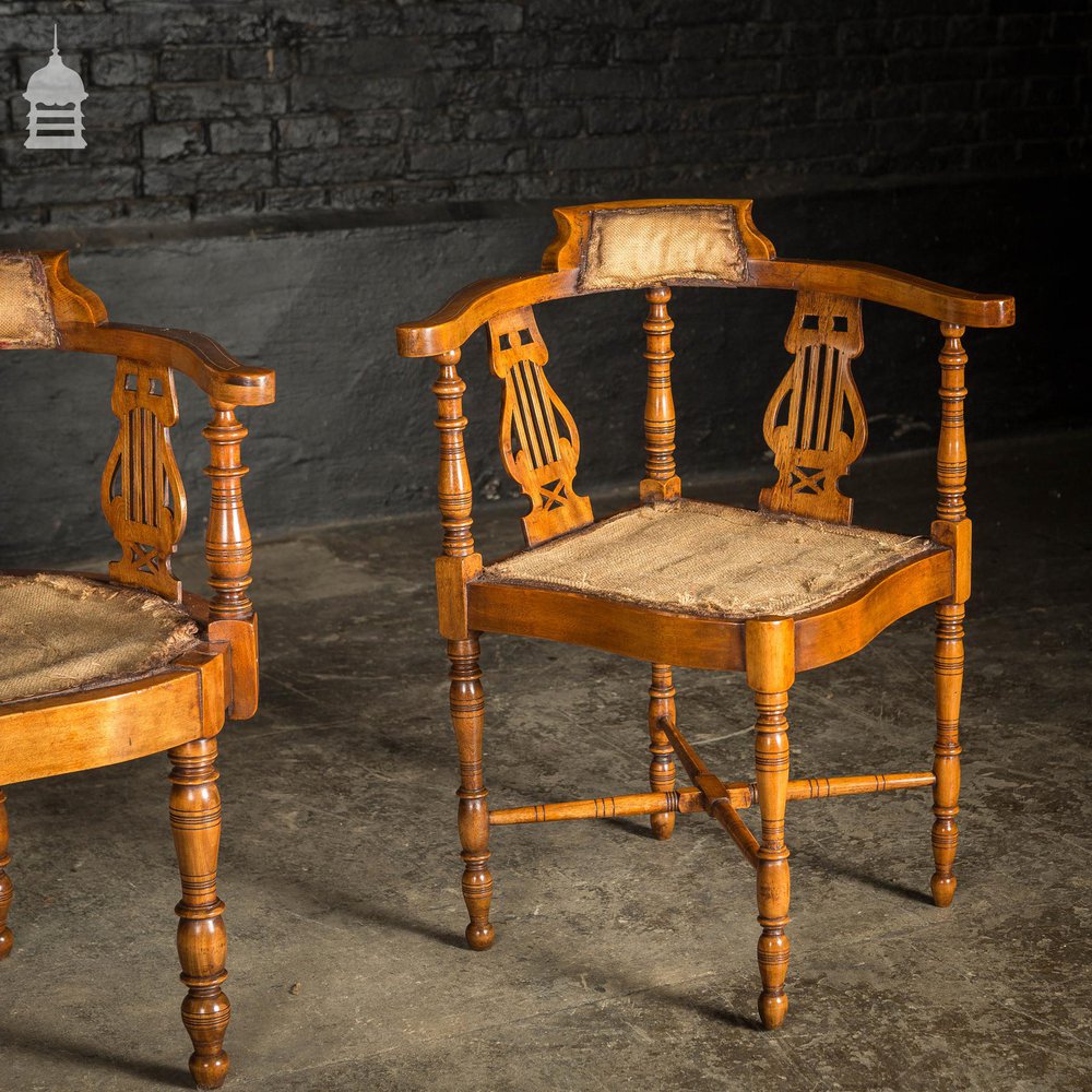 19th C Inlayed Courting Chairs With Fine Turned Wooden Leg and Lyre Back Design