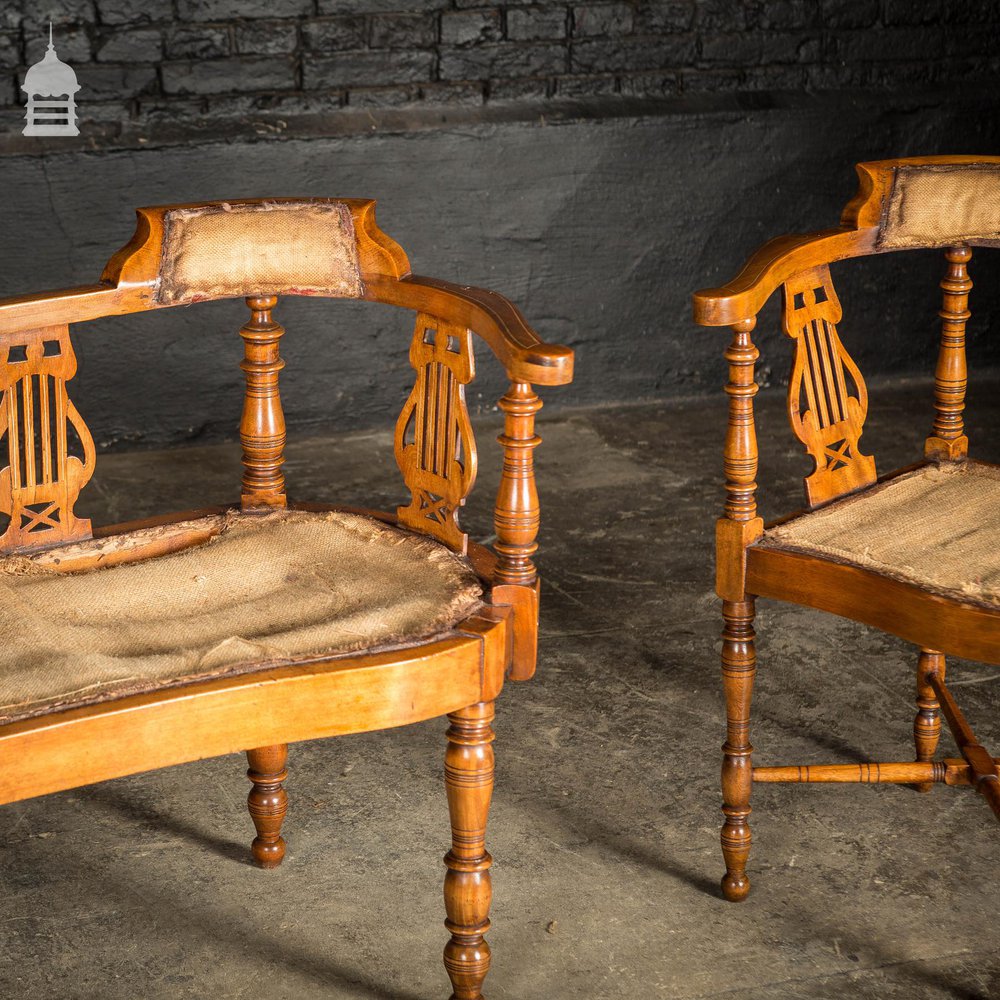 19th C Inlayed Courting Chairs With Fine Turned Wooden Leg and Lyre Back Design