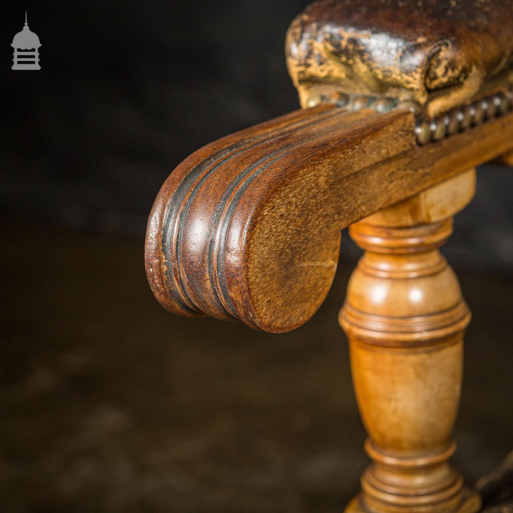 19th C Oak H Stretcher Throne Chair With Studded Worn Leather Seats, Arms and Back