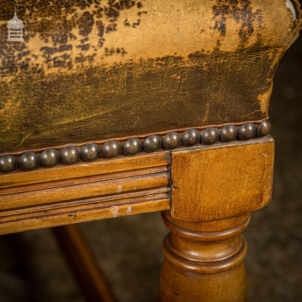 19th C Oak H Stretcher Throne Chair With Studded Worn Leather Seats, Arms and Back