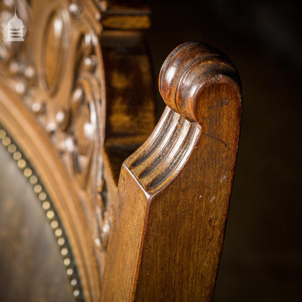 19th C Oak H Stretcher Throne Chair With Studded Worn Leather Seats, Arms and Back