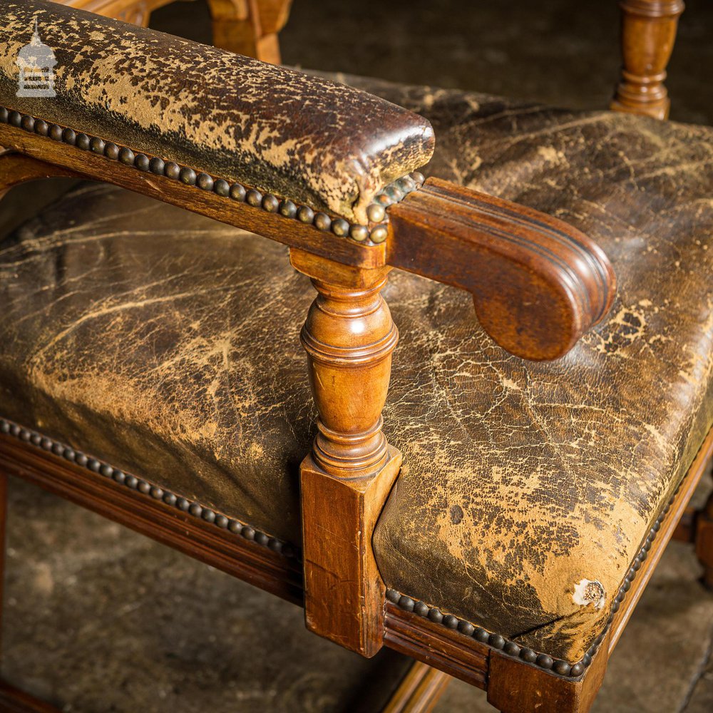 19th C Oak H Stretcher Throne Chair With Studded Worn Leather Seats, Arms and Back