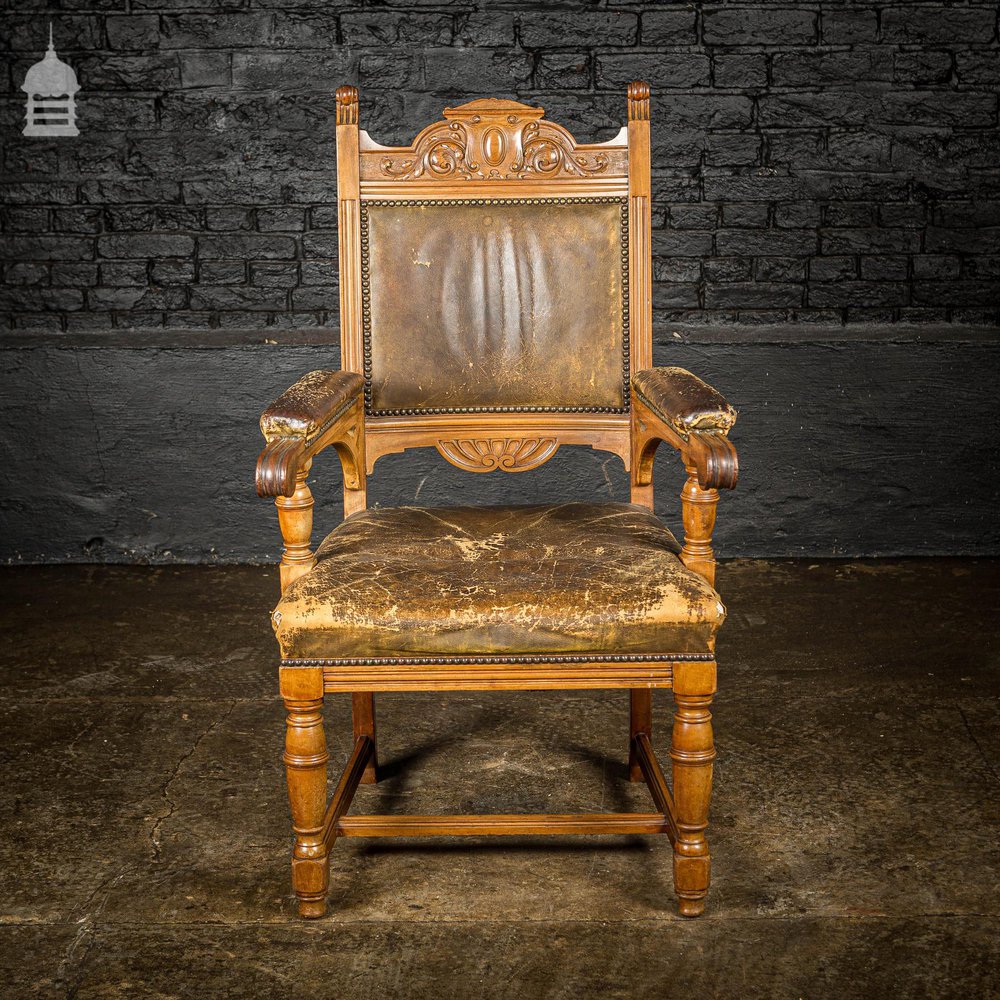 19th C Oak H Stretcher Throne Chair With Studded Worn Leather Seats, Arms and Back