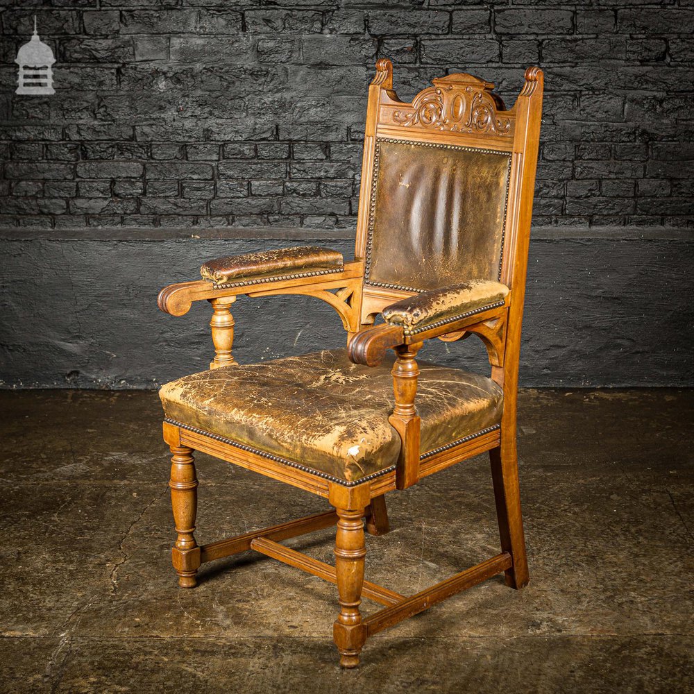 19th C Oak H Stretcher Throne Chair With Studded Worn Leather Seats, Arms and Back