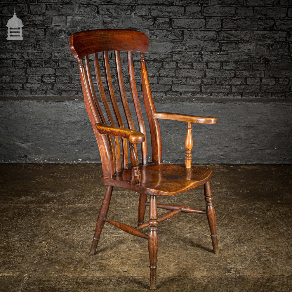 19th C Lath Back Windsor Armchair With H Stretcher and Turned Arm Supports