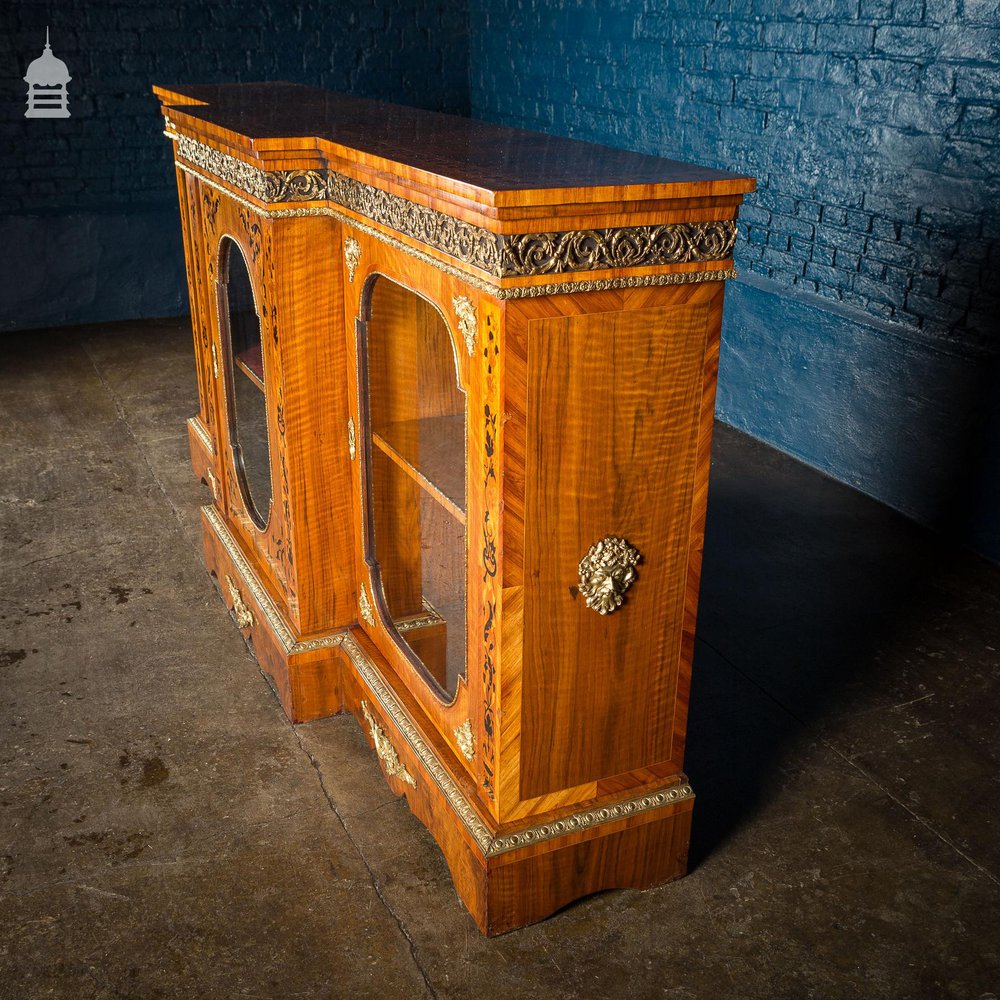 19th C French Empire Walnut Credenza with Intricate Marquetry and Brass Reliefs