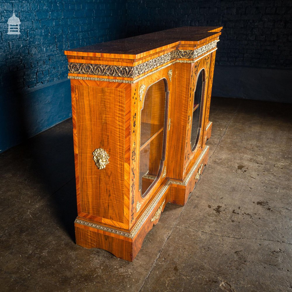 19th C French Empire Walnut Credenza with Intricate Marquetry and Brass Reliefs