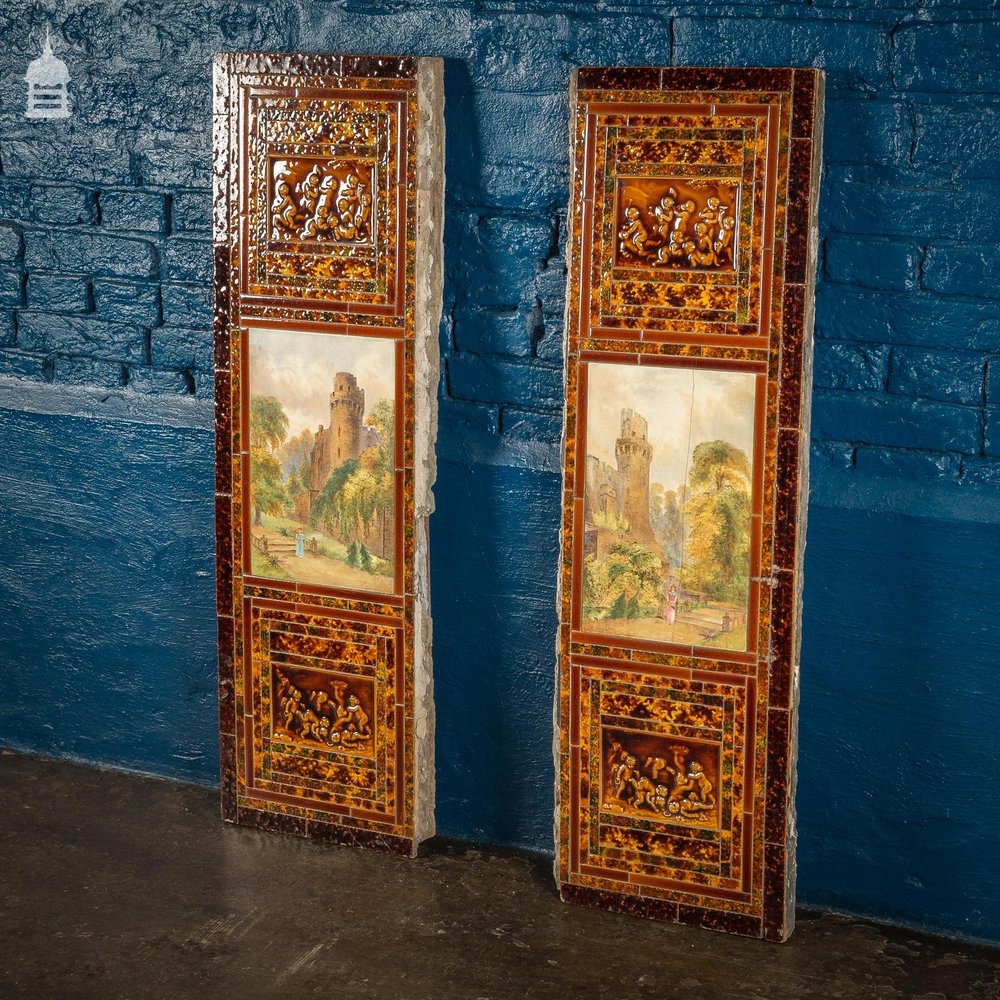 Pair of Late 19th C Ceramic Fireplace Tile Reliefs with Individual Details