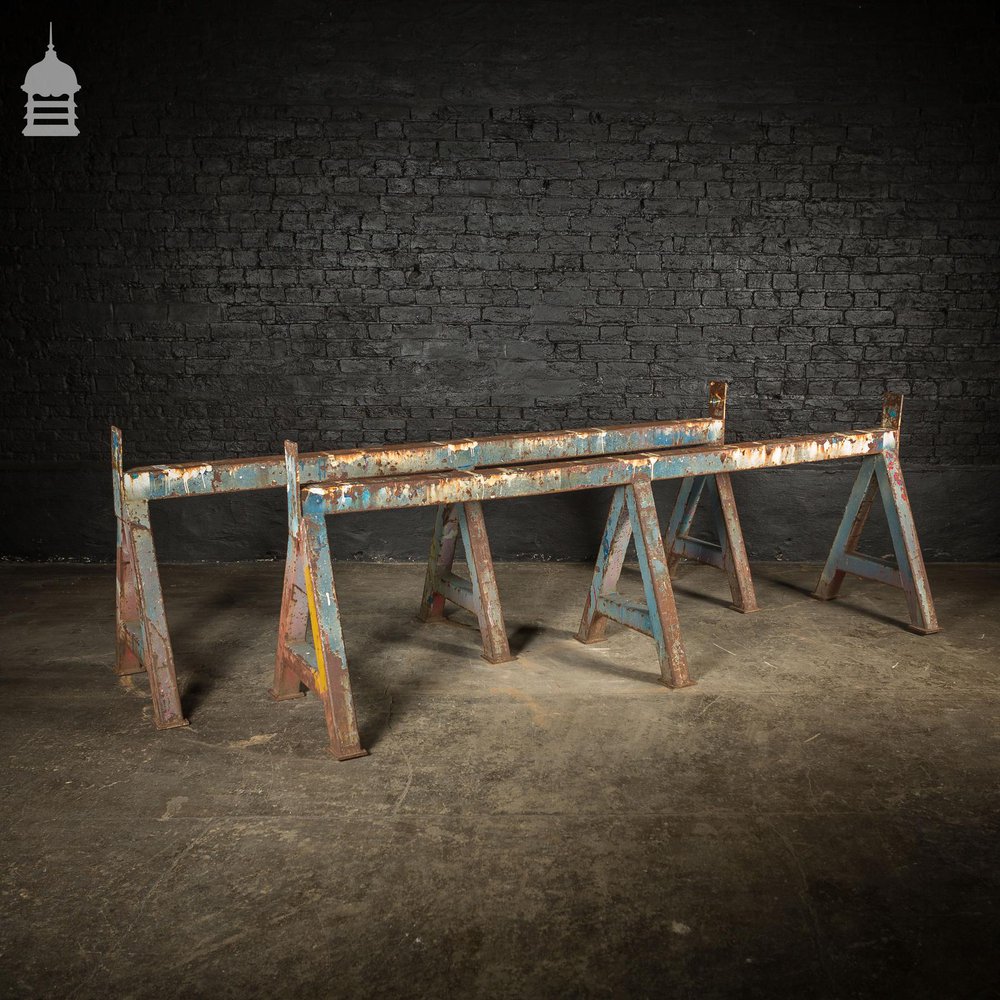 Pair of Huge Industrial Monster A Frame Workshop Trestles with Distressed Finish