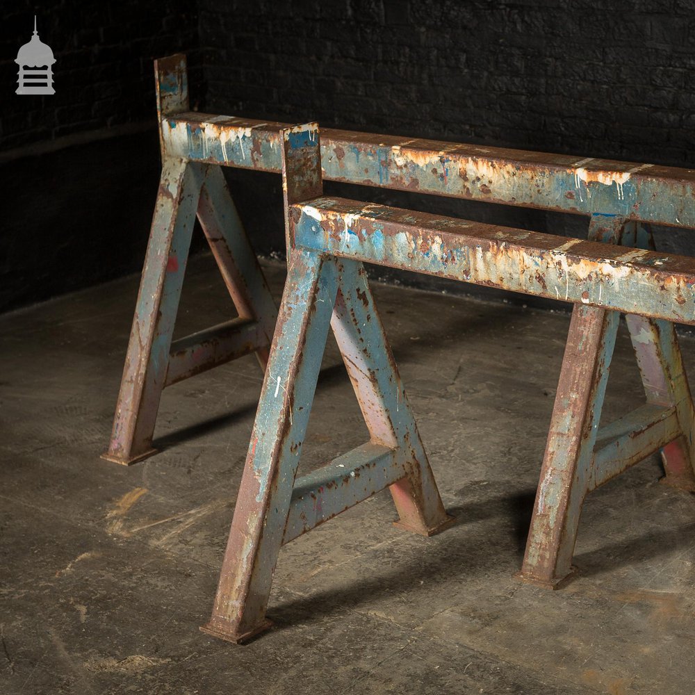 Pair of Huge Industrial Monster A Frame Workshop Trestles with Distressed Finish