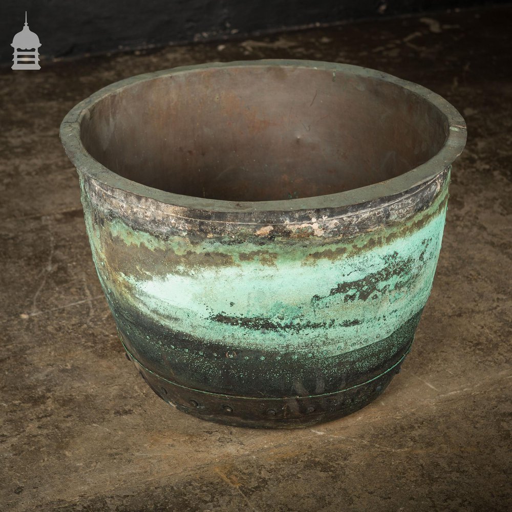 Large 19th C Riveted Verdigris 25 inch Copper Copper Cauldron