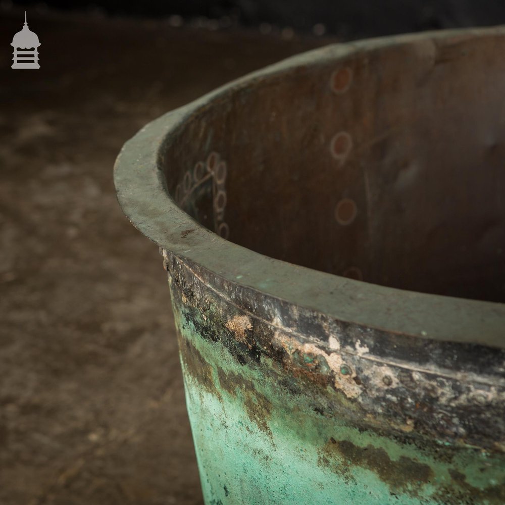 Large 19th C Riveted Verdigris 25 inch Copper Copper Cauldron