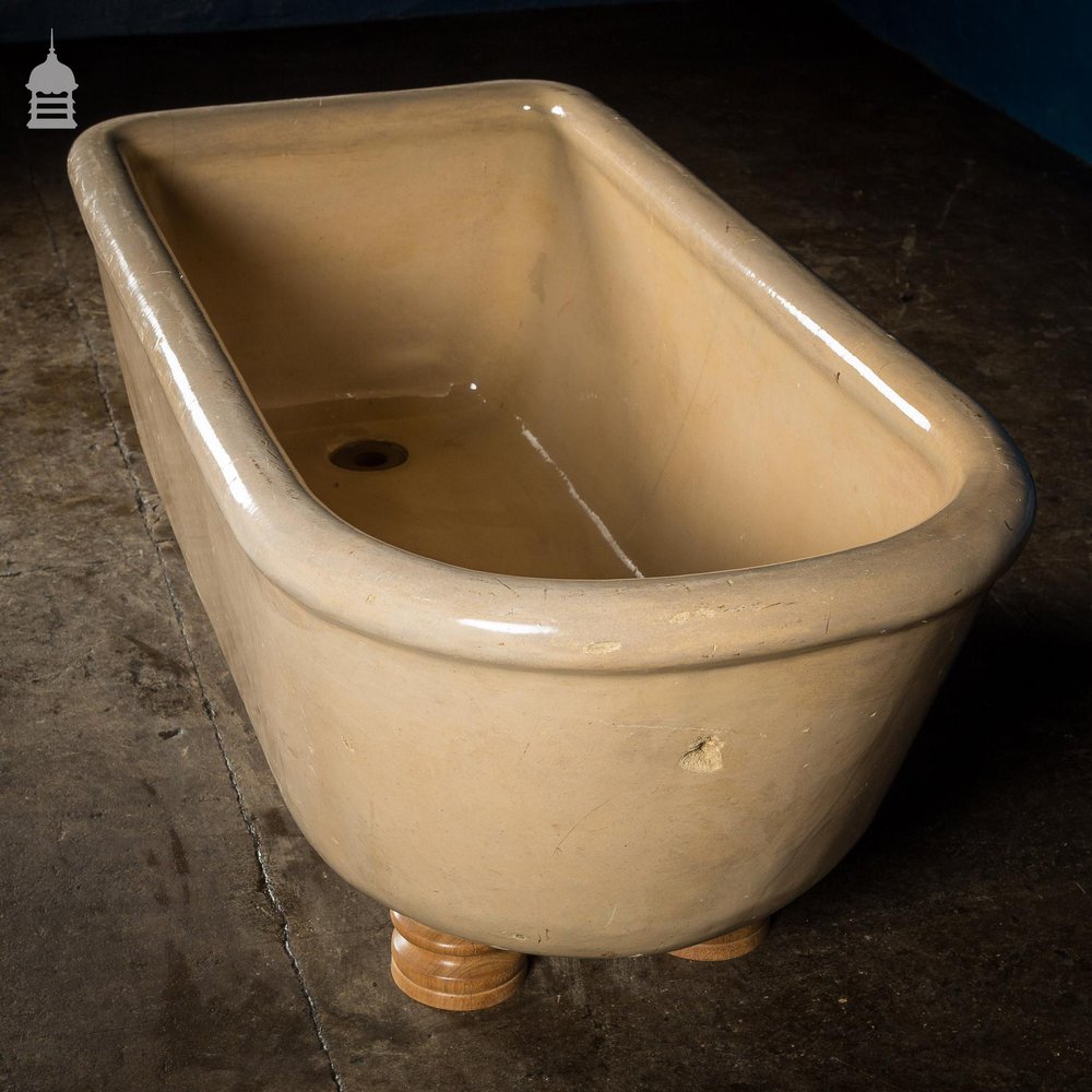 Victorian Small Size Cane Glazed Ceramic Bath & Hardwood Turned Feet