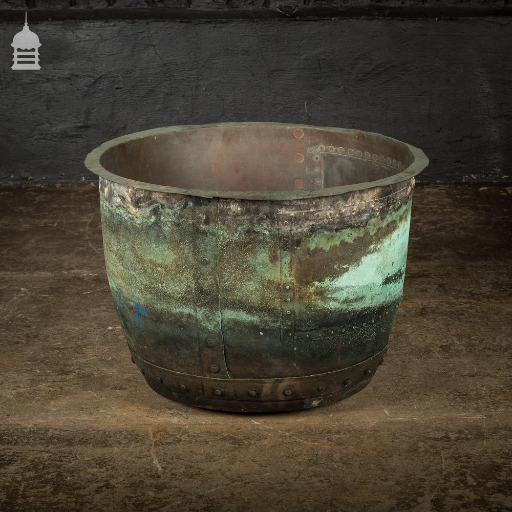 Large 19th C Riveted Verdigris 25 inch Copper Copper Cauldron