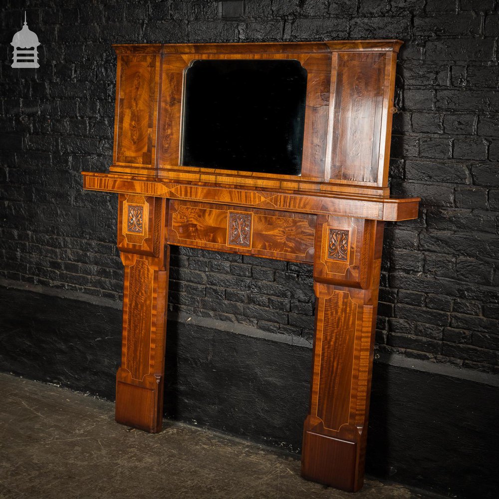 Circa 1900 Inlaid Mahogany Fire Surround with Mirrored Overmantel