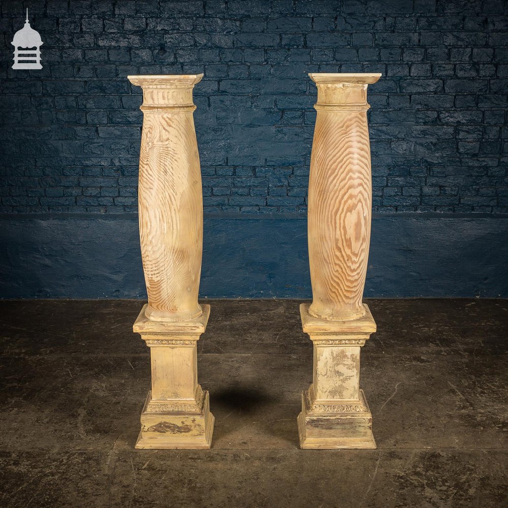 Pair of Marble Topped Pitch Pine Columns Made from Reclaimed Materials