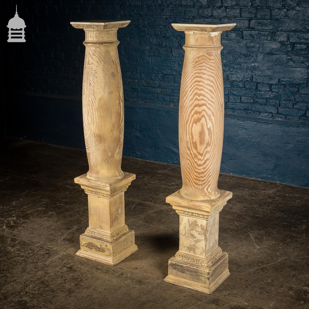 Pair of Marble Topped Pitch Pine Columns Made from Reclaimed Materials