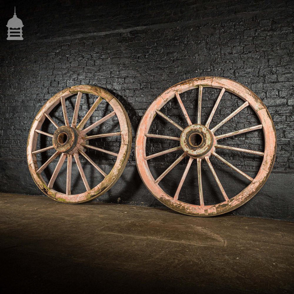 Pair of Large Wooden Agricultural Cart Wheels with Iron Rim Band