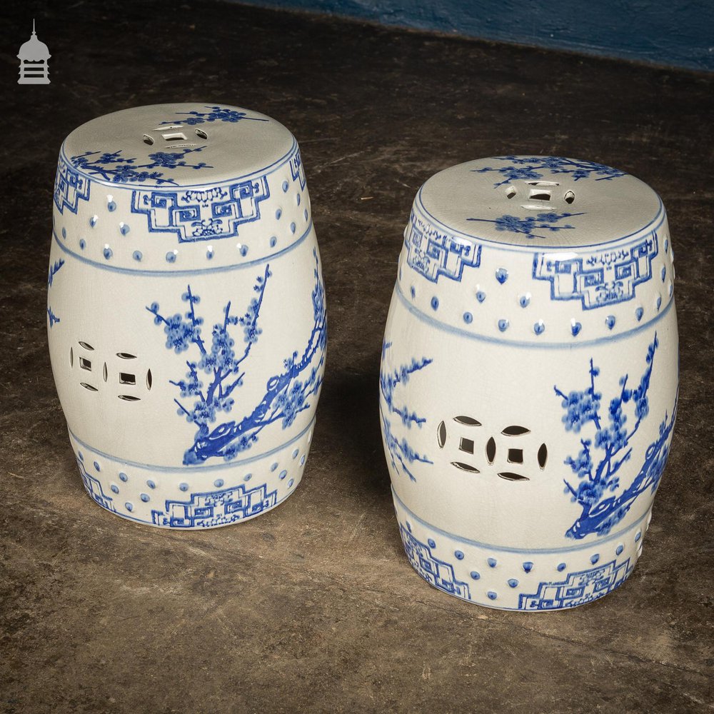 Pair of Blue and White 19th C Chinese Porcelain Garden Seats