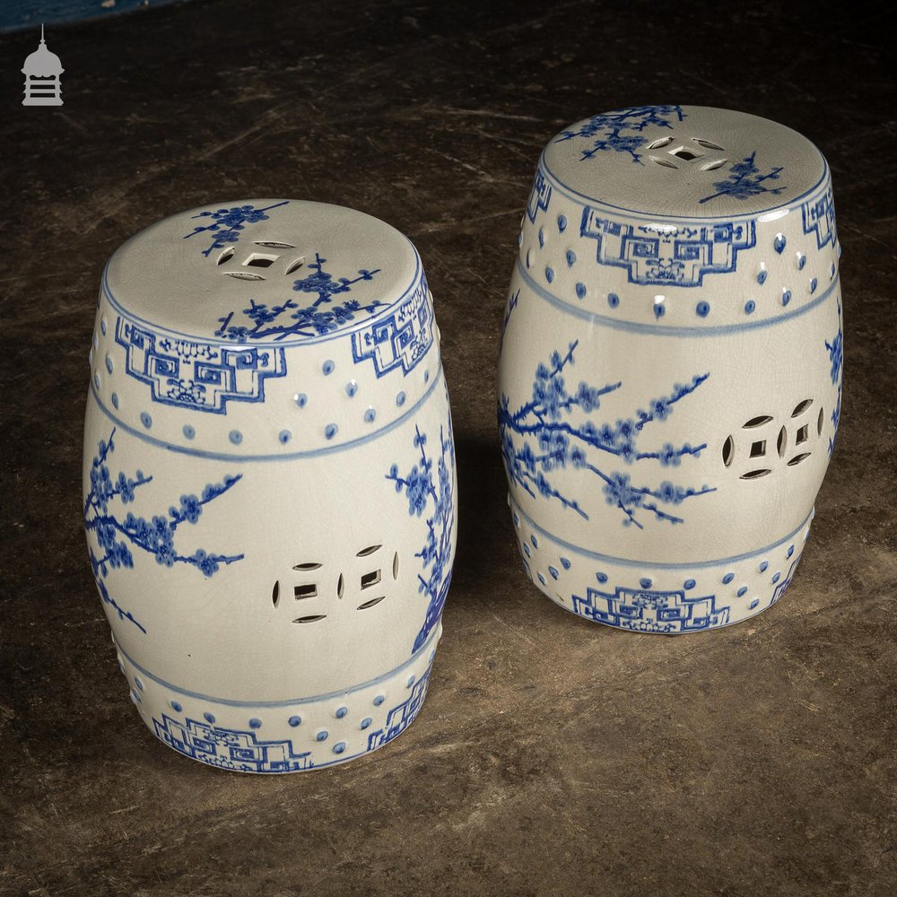 Pair of Blue and White 19th C Chinese Porcelain Garden Seats