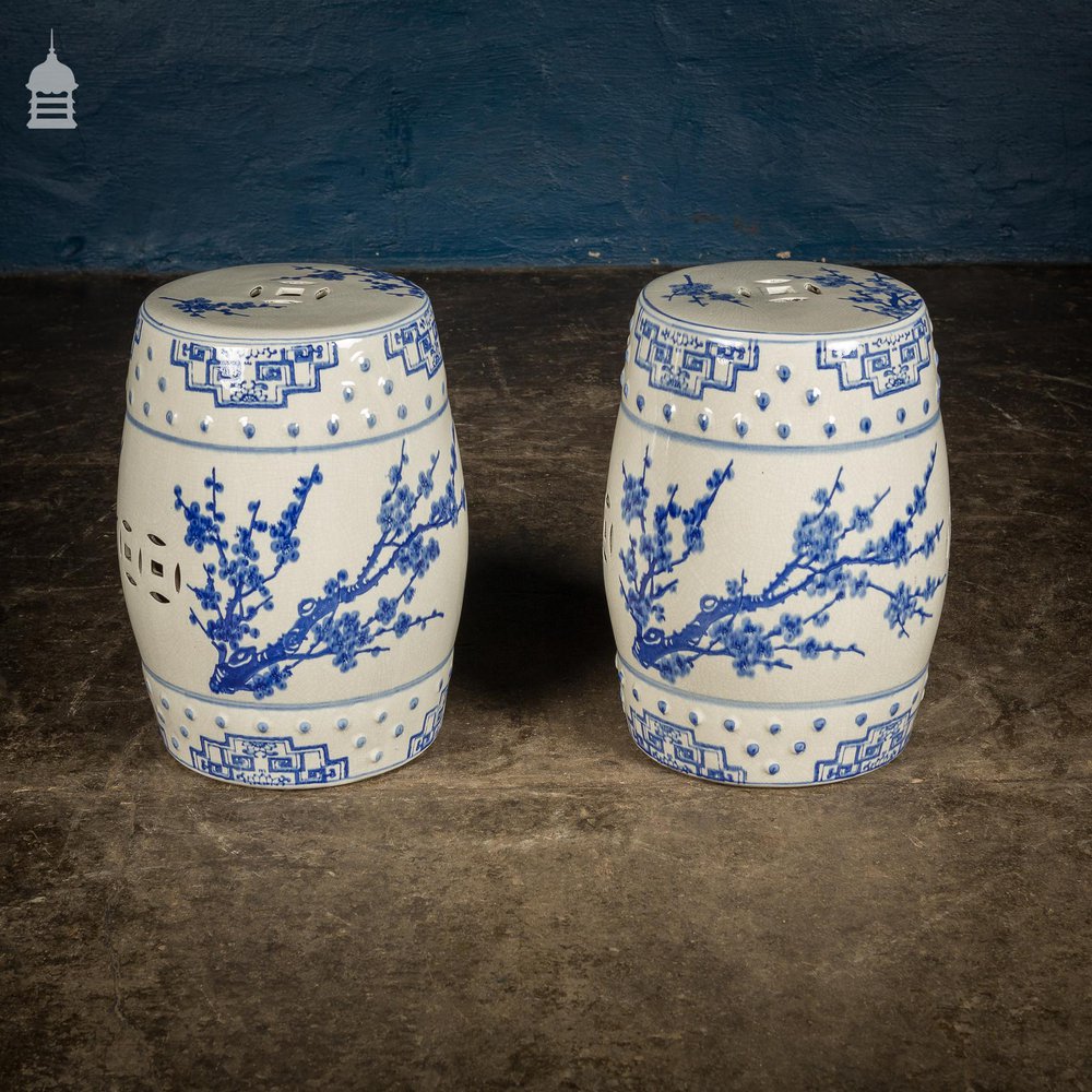 Pair of Blue and White 19th C Chinese Porcelain Garden Seats