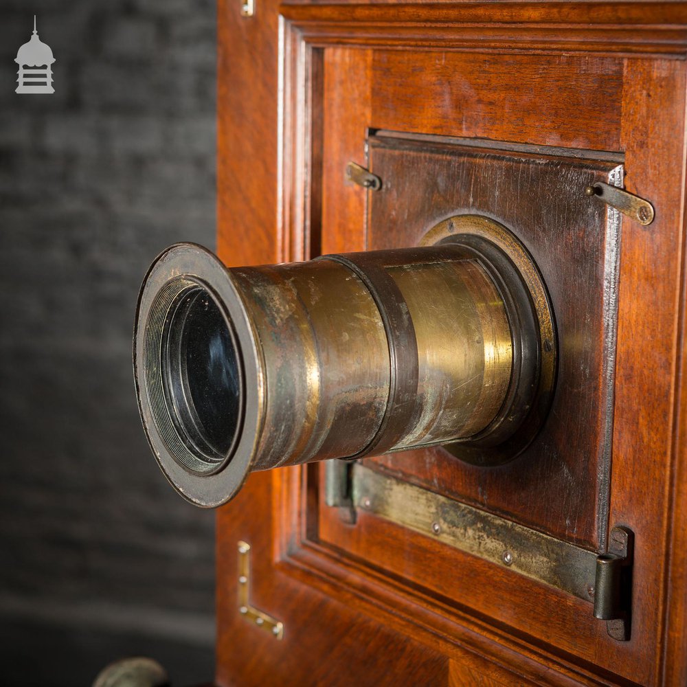 Circa 1890 Wet Plate Mahogany Studio Camera with Additional Lens and Backs on Height Adjustable Wheeled Tripod