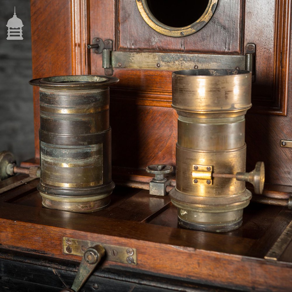 Circa 1890 Wet Plate Mahogany Studio Camera with Additional Lens and Backs on Height Adjustable Wheeled Tripod