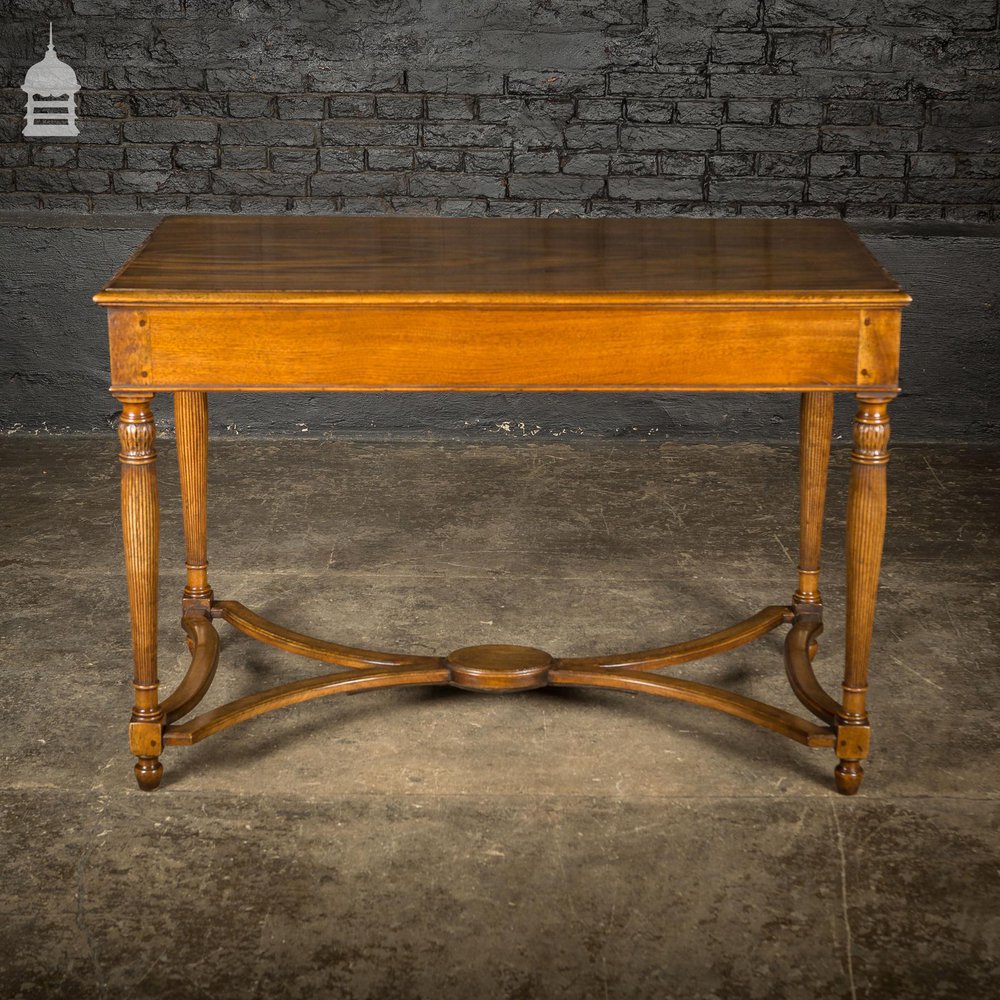 A Fine Late 19th C Sheraton Style Writing Table with Carved Prince of Wales Feathers Escutcheons and Elegant Mellon Fluted Legs.