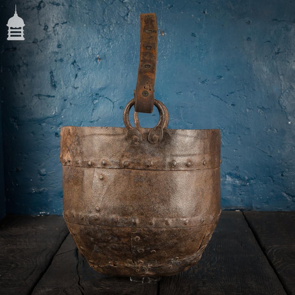 NR45021: 18th C Riveted Metal Bucket with Leather Strap Handle