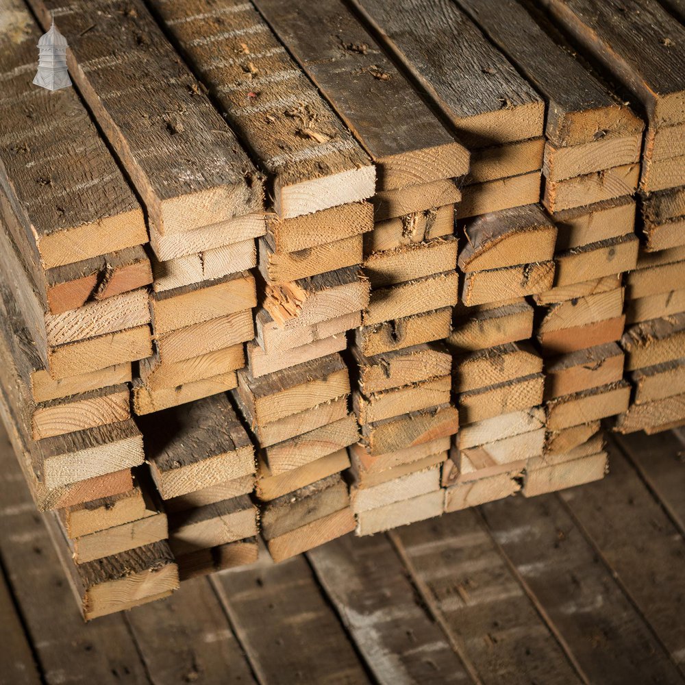 NR46621: Batch of 40 Square Metres of Narrow Pine Strip Wall Cladding Cut from Victorian Joists with Lath and Plaster Marks