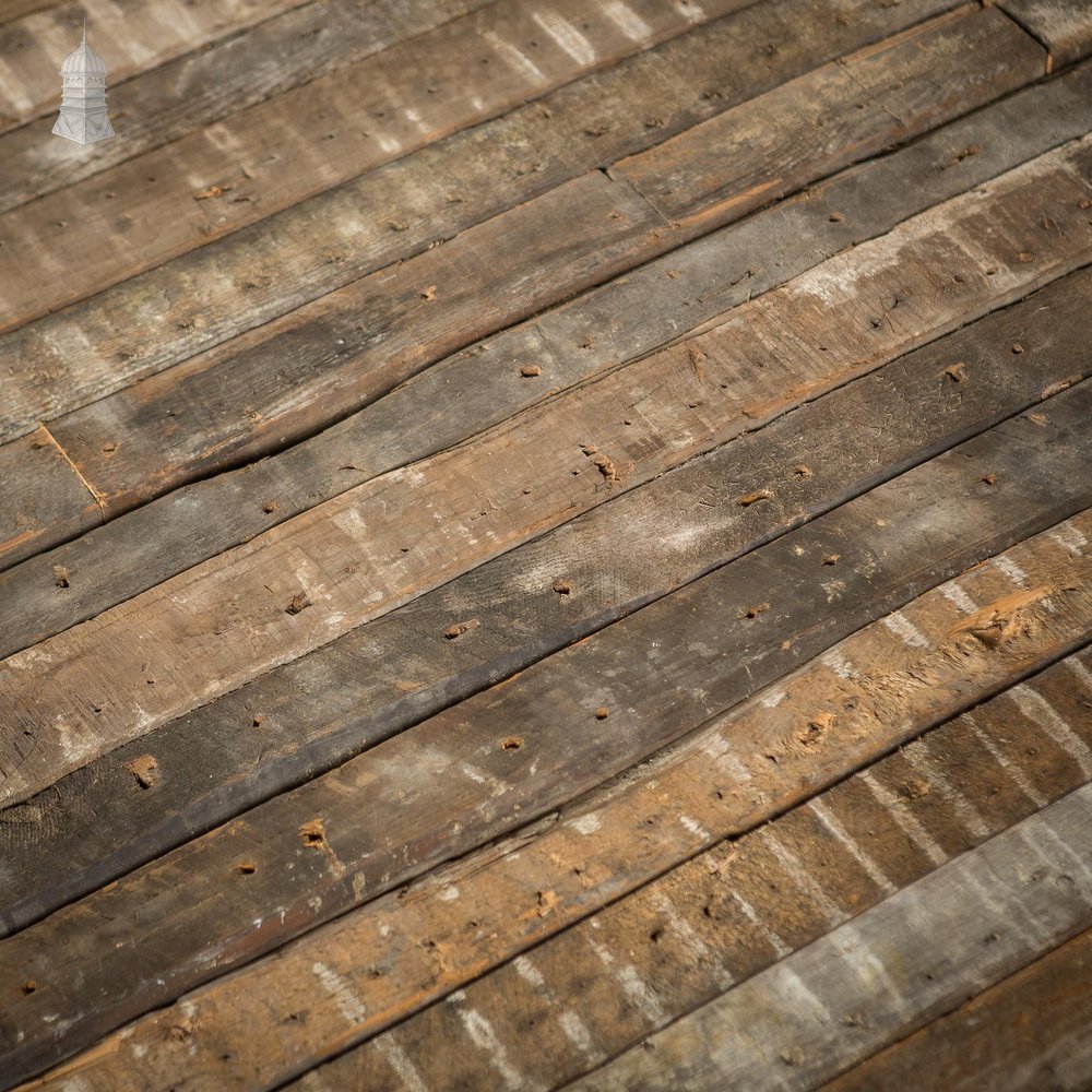 NR46621: Batch of 40 Square Metres of Narrow Pine Strip Wall Cladding Cut from Victorian Joists with Lath and Plaster Marks