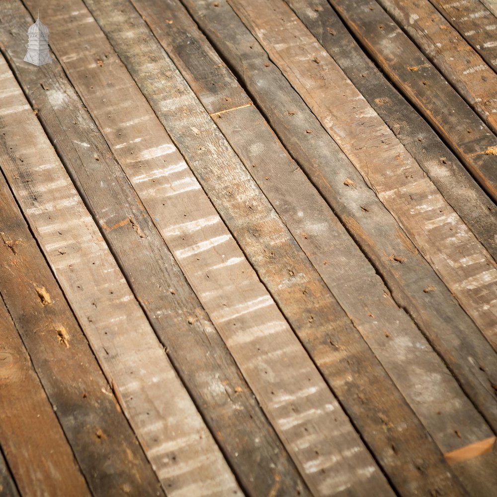 NR46621: Batch of 40 Square Metres of Narrow Pine Strip Wall Cladding Cut from Victorian Joists with Lath and Plaster Marks