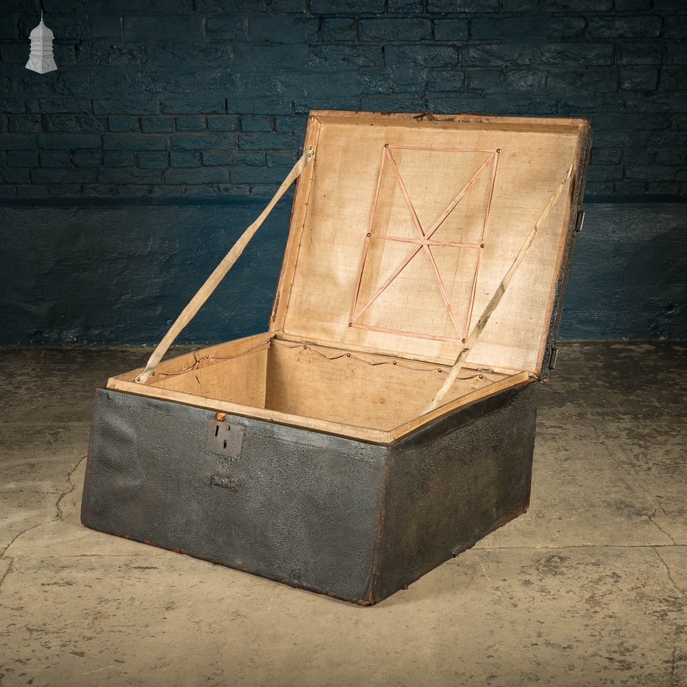 Leather Covered Trunk, 19th C Wooden Box Covered with Black Leather