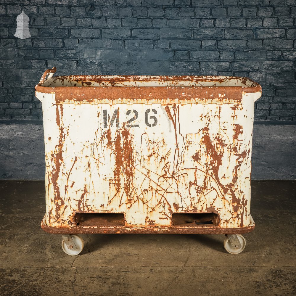 Large Wheeled Industrial Steel Bin with Distressed White Painted Finish